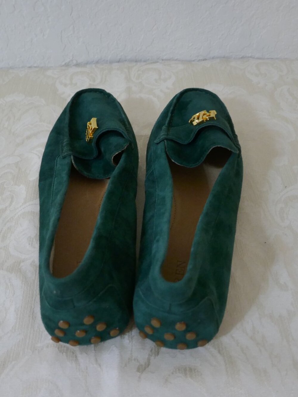 Ralph Lauren Barnsbury Suede Driving Loafer Green Signature Logo Women's Size 9 - Picture 11 of 12